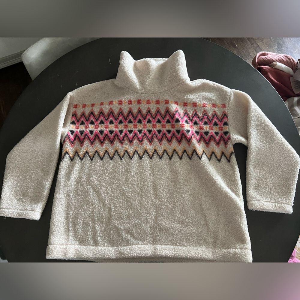 LOFT Women’s Sherpa Cozy Funnel Neck Cream and Pink Patterned Sweater, size XXL